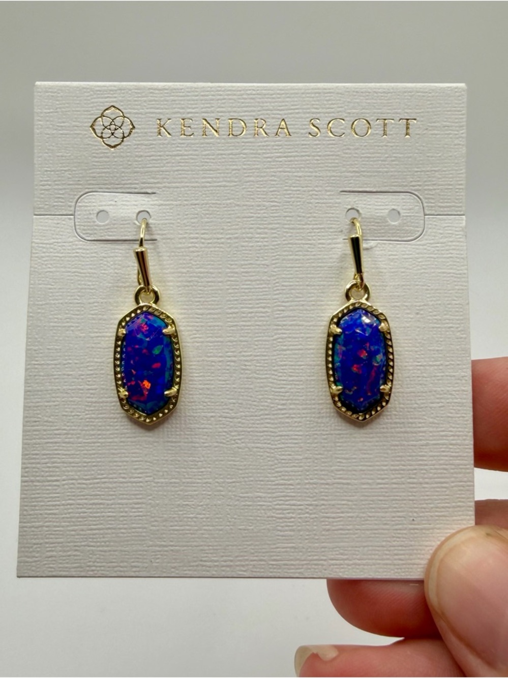 Kendra Scott Lee Gold Drop Earrings in Indigo Kyocera Opal, NWT - Picture 6 of 11